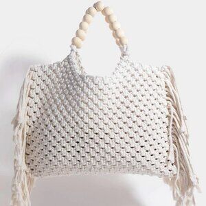 Wooden Beaded Handle Braided Tote Bag